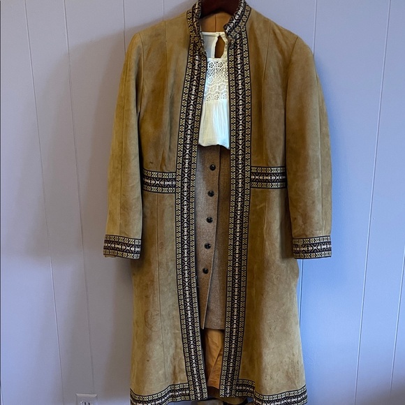 Talbots Jackets & Blazers - Talbots Tan Suede Embroidered Trim Long Coat